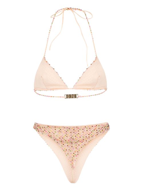 Bead-embellished tulle-overlay bikini - Neutrals