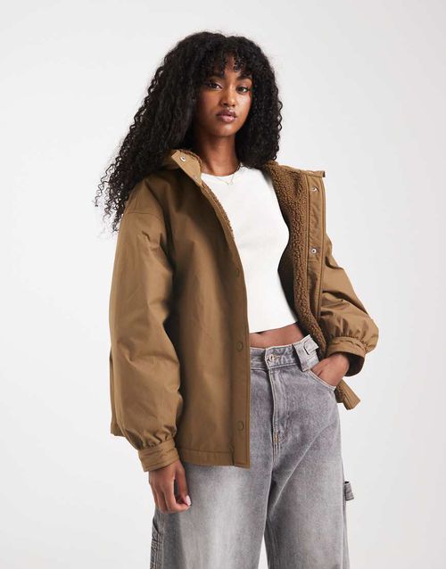 Oversized fleece lined rain coat in olive-Brown
