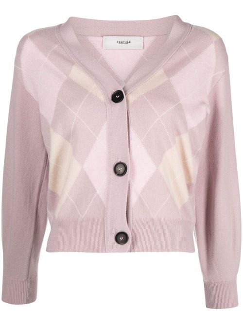 Argyle-check fine-knit cardigan - Pink