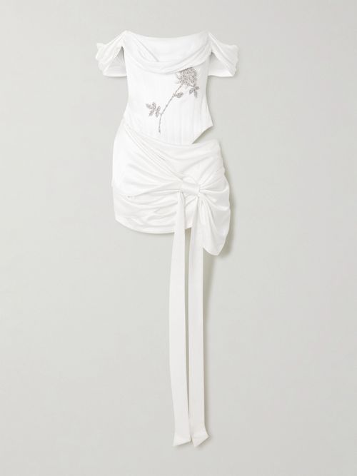 Paloma Convertible Draped Embellished Satin Mini Dress - Ivory