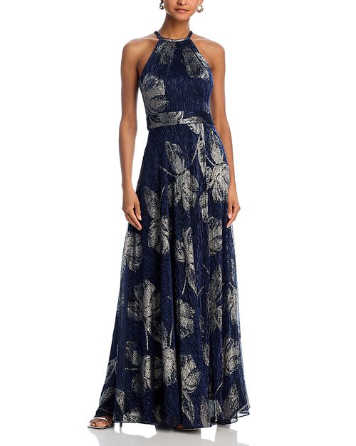 Floral Print Foil Halter Gown - Exclusive