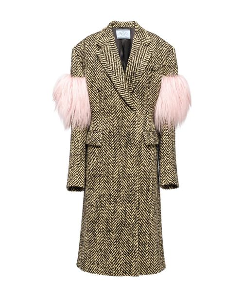 Double-breasted chevron and shearling coat