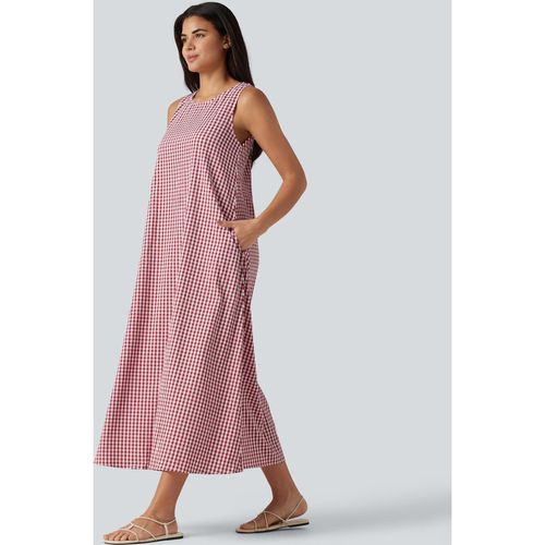 Halara Round Neck Sleeveless Midi Crinkle Gingham Casual Tank Dress with Pockets - Red White Bubble Grid