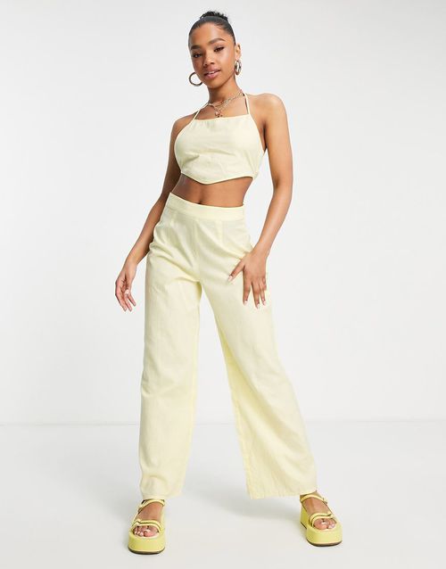 Linen blend wide leg trouser co-ord in lemon-Yellow