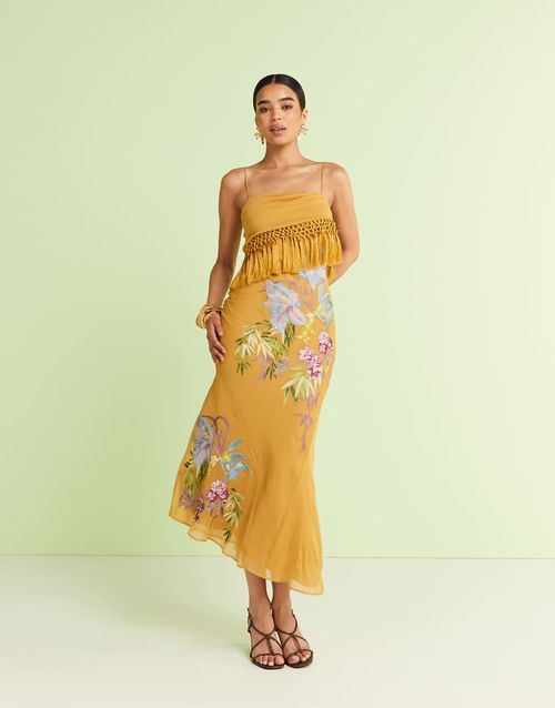 Fringe detail embroidered maxi dress in mustard-Yellow