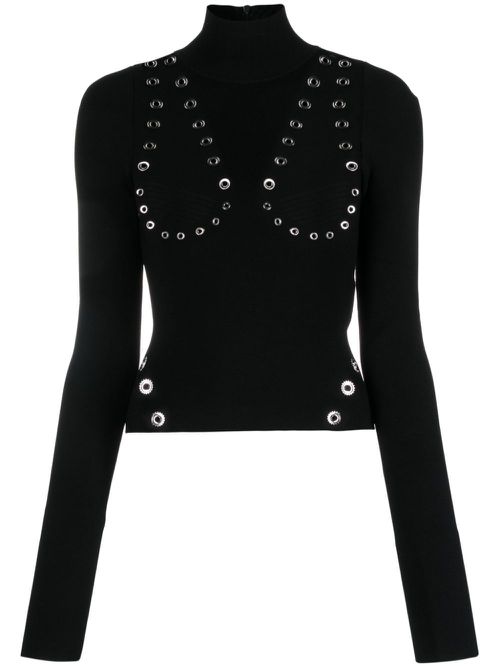 Eyelet-embellished knitted top - BLACK NO COLOR