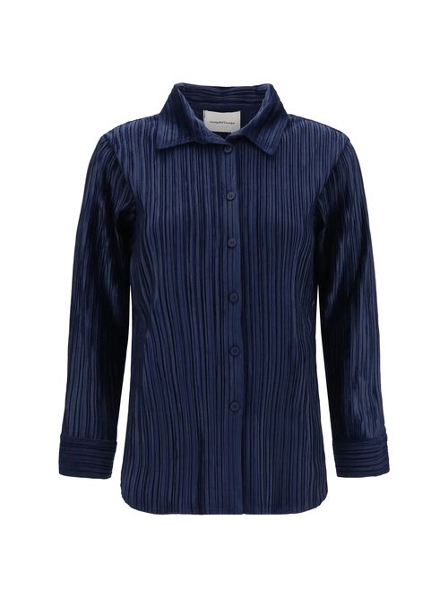 Fine Striped Velvet-Like Polyester Shirt — Navy