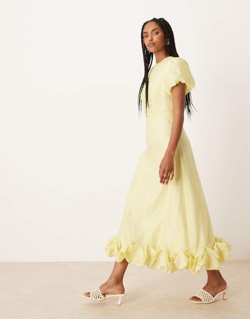 Puff sleeve bubble hem maxi dress in lemon yellow