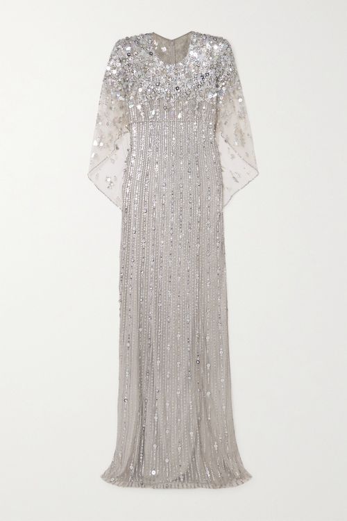 Nettie Cape-effect Embellished Sequined Tulle Gown - Silver
