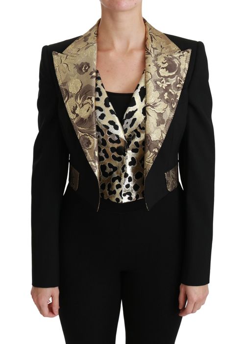 Gold Floral Jacquard Wool Blazer — Black