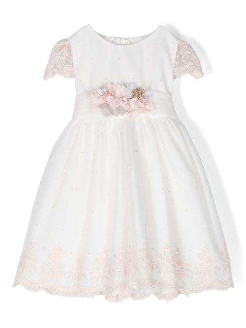 Floral-embroidered point d'esprit tiered dress - White