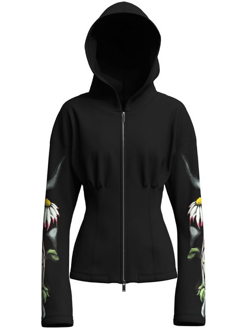 Floral-print zip-up hoodie - Black