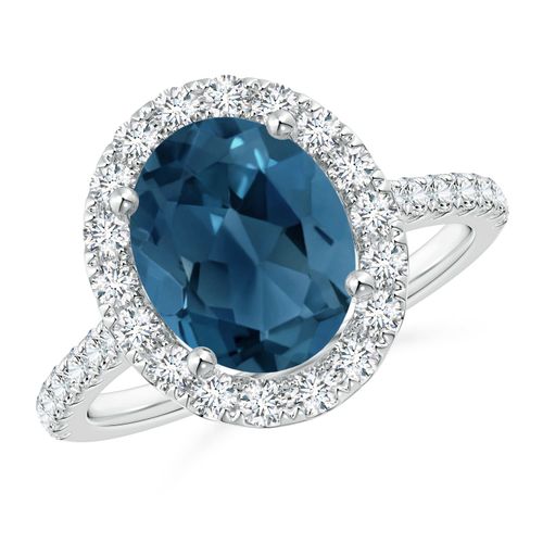 Angara 3.25 Carats Prong-Set Oval London Blue Topaz Halo Ring with Diamond Accents in Platinum