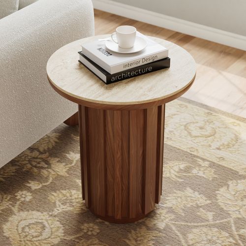 Aura Ash Wood Fluted Walnut Round Side Table with Sintered Stone Top