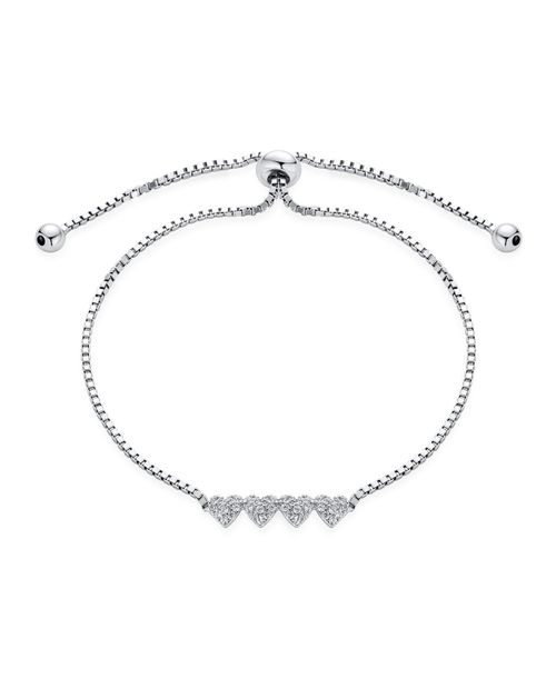 Dainty Petite Cubic Zirconia Micro Pave Cz Four Tiny Hearts Slide Bolo Bracelet For Women Sterling Silver Adjustable Sliding Ball Clasp