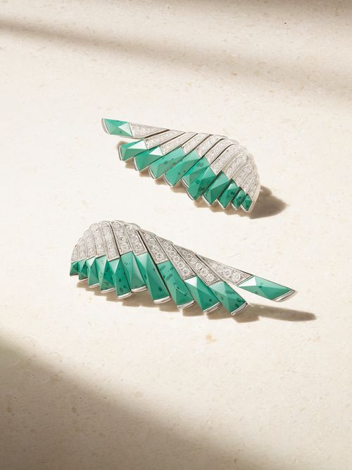 Wings 18-karat White Gold, Malachite And Diamond Earrings - One size