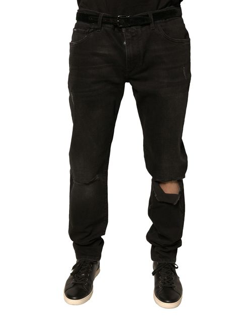 Ripped Logo Skinny Denim Jeans — Black