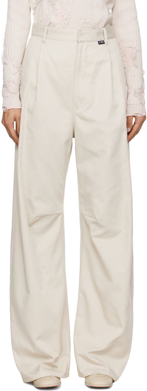 Beige Wide Leg Twill Trousers