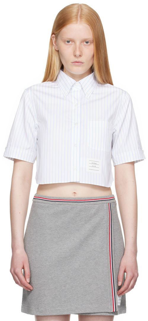 Thom Browne White Pinstripe Poplin Cropped Short Sleeve Shirt