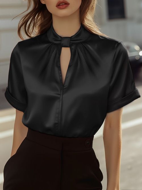 Sophisticated White Satin Blouse with Modern Keyhole Neckline - Black