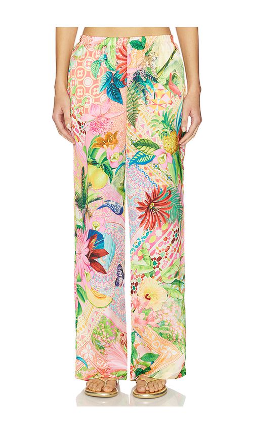 Luli Fama Elastic Waistband Pant in Pink,Green. L. Also in M