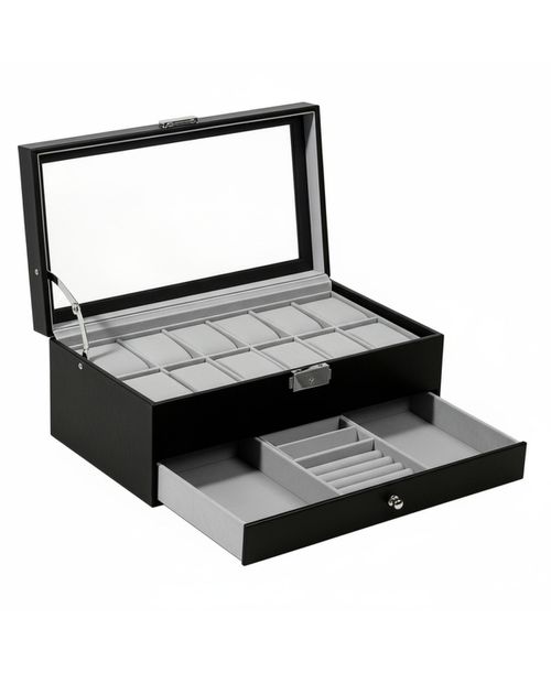 12 Slot Watch Box Display Organizer Leather Automatic Led Light Battery Operated Gift - Black+grey