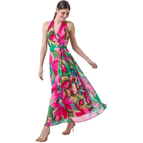 Roman Women's Floral Print Halter Neck Maxi Dress in Cerise