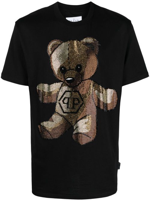 Bear-motif round-neck T-shirt - Black