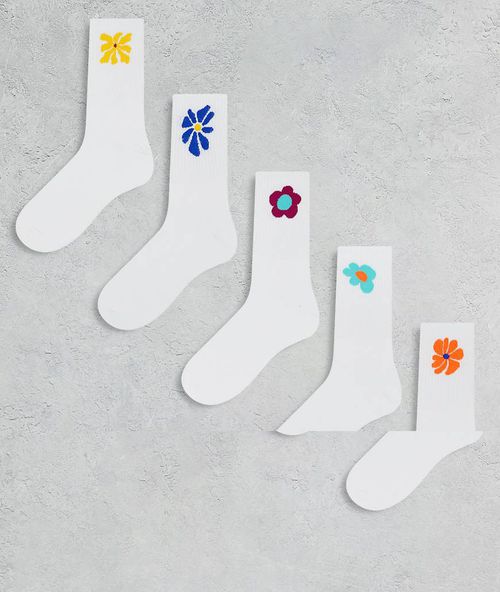 Jack & Jones 5 pack tennis sock with motifs-White