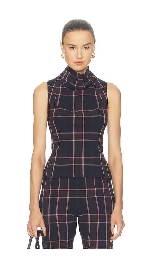 Smythe Funnel Neck Shell in Fig Plaid. 0 also , 2