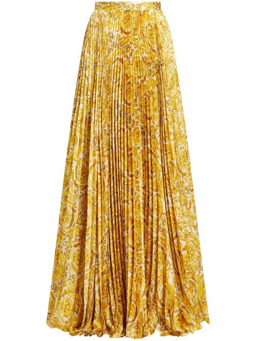 Barocco-print pleated satin skirt - Yellow
