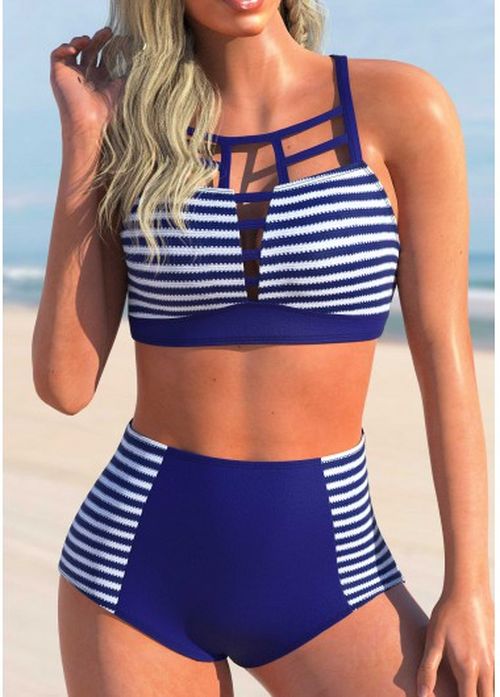 Modlily Stripe Print Navy Blue Cross Strap Bikini Set