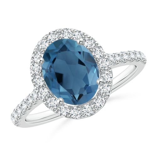 Angara 2.25 Carats Prong-Set Oval London Blue Topaz Halo Ring with Diamond Accents in Platinum