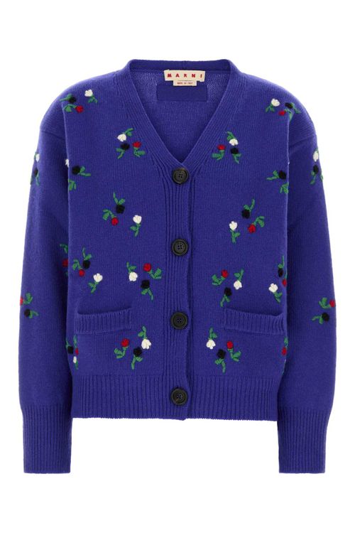 Floral-Embroidered Virgin Wool Cardigan — Blue