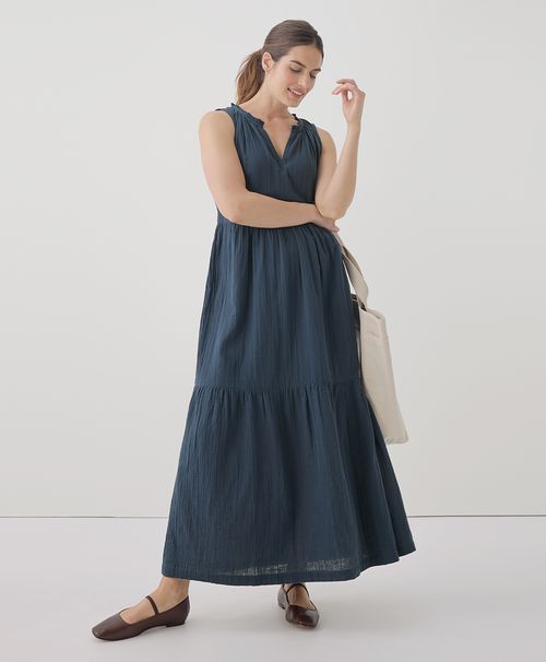 Women's French Navy Coastal Double Gauze Ruffle Maxi Dre