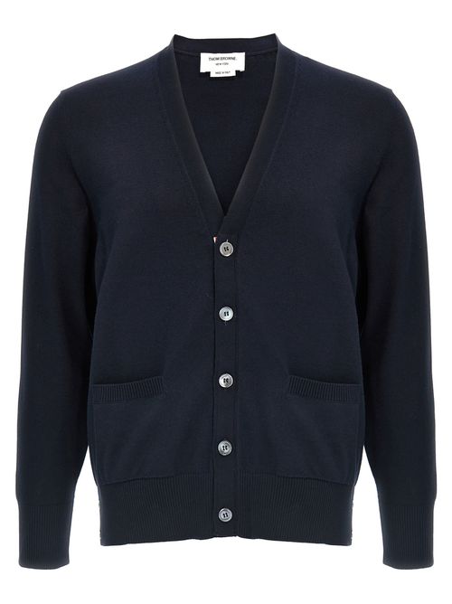Cotton V-Neck with 4-Bar Detail Cardigan — Navy