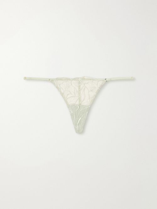 Calla Lily Floral-embroidered Mesh Thong - Green