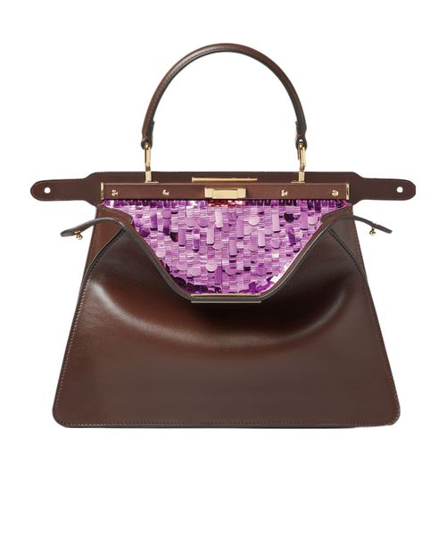 Peekaboo ISeeU Medium Mahogany brown leather bag with anemone purple sequins