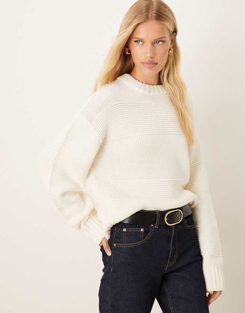 Crew neck textured stripe stitch chunky knitted sweater in cream-White