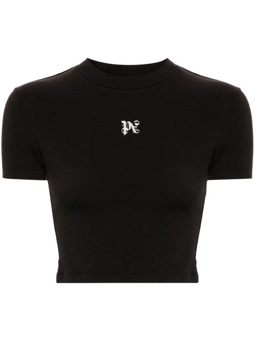 Monogram-embroidered cropped T-shirt - Black