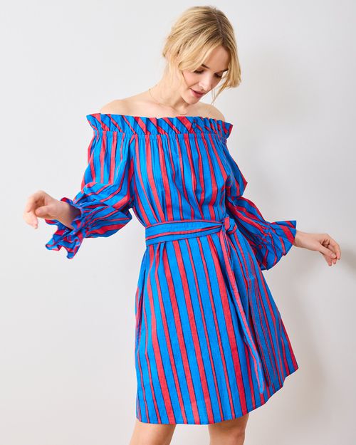 Printfresh x Pencil & Paper Organic Cotton 3/4 Sleeve Belted Mini Striped Dress in PF + Pencil & Paper Co. Nautical Stripes | Women's XS | Blue