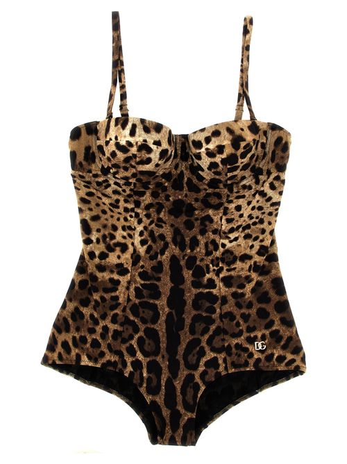 Leopard-Print Balcony One-Piece Swimsuit — Brown