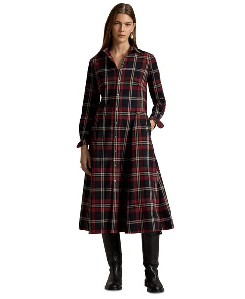 Women's Plaid Long-Sleeve Midi Shirt Dress - Red Multi Plaid
