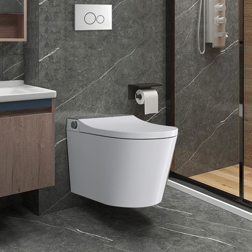 Set of Two Elongated Smart Toilet Wall Mounted 1.58 GPF Automatic with In-Wall Tank & Carrier Syste