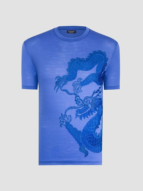 Men's Dragon Embroidered Design T-Shirt - Mediterranean