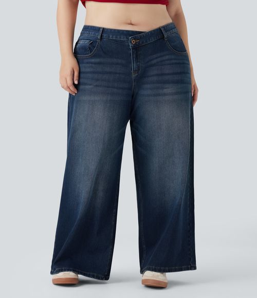 Plus Size Flex™ Asymmetric Low Rise Wide Leg Washed Casual Jeans with Pockets  - Paint Blue Denim