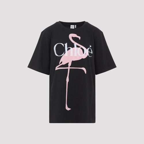 Chloé Black Oversized Tshirt With Logo And Flamingo Print