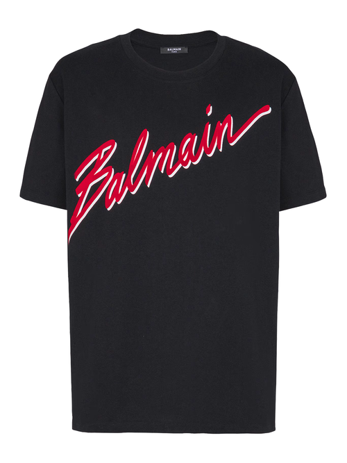 Balmain Flocked Red Letter Logo T-hirt in Black - Black