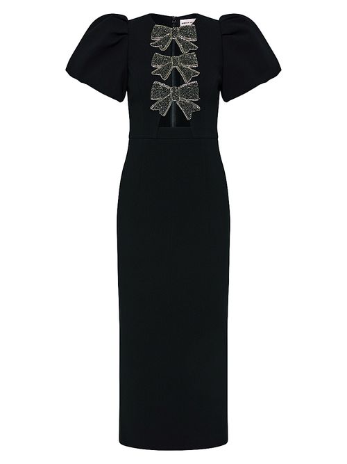 Women's Eliana Crystal-Embellished Velvet Puff-Sleeve Midi-Dress - Black