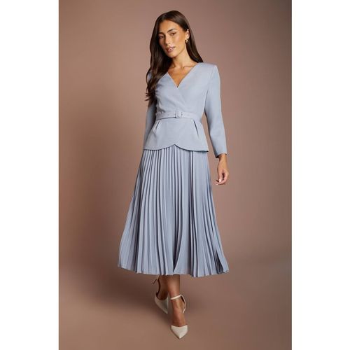 Coast Women's Crepe Bodice Long Sleeve Pleated Midi Dress in Dusty Blue